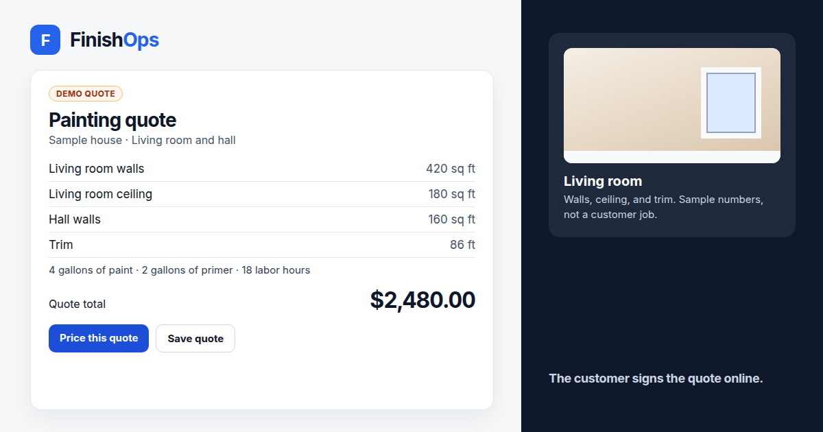 Sample FinishOps painting quote with a living room, a hall, and a quote total of $2,480.00. Demo data, not a real customer.